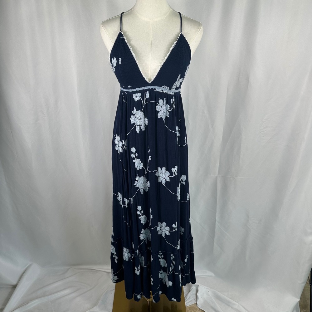 Lulus Navy Blue Floral Embroidered Maxi Babydoll Dress Womens S Open Cross Tie